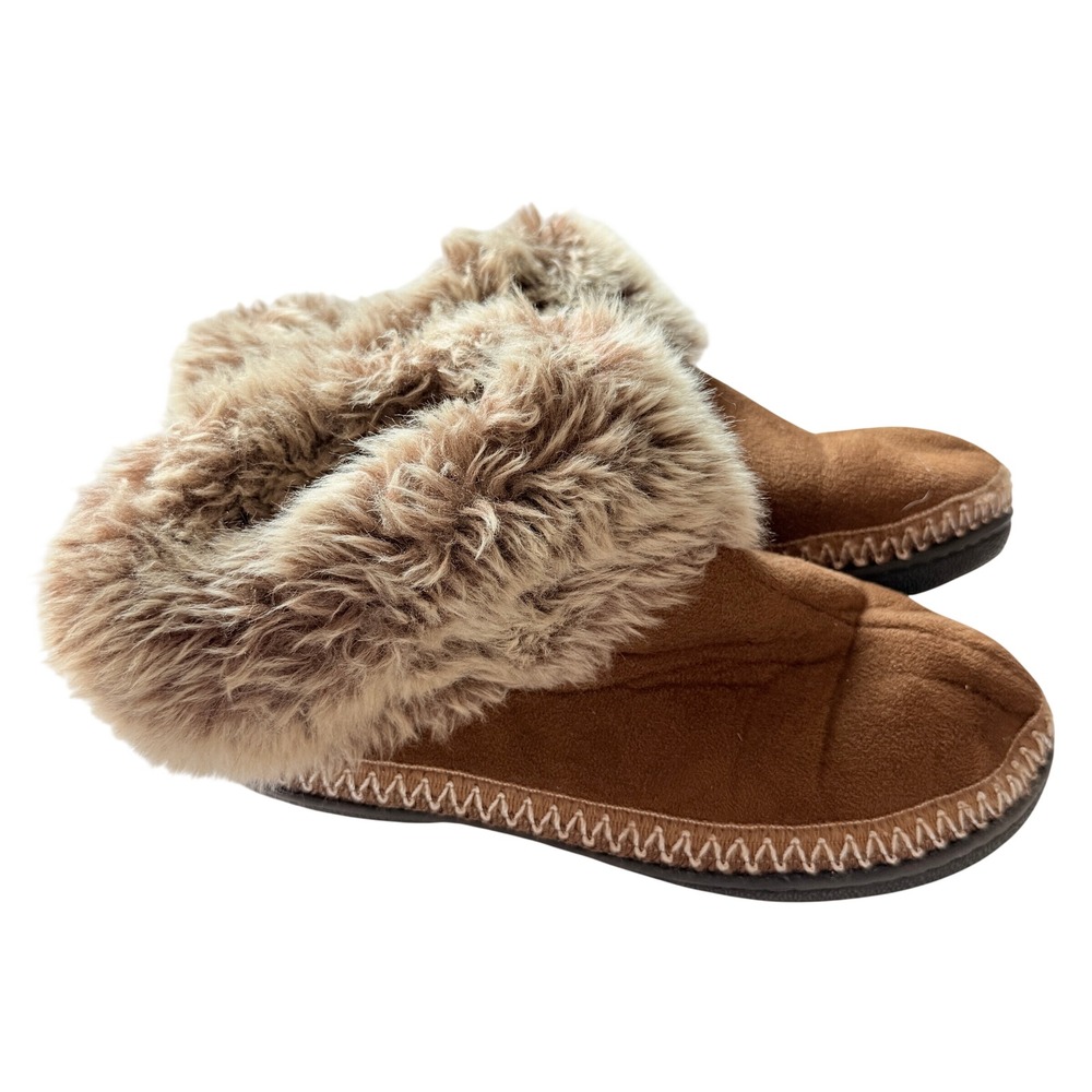 Isotoner Womens 8.5-9 Brown Suede Faux Fur Bootie Slippers Hard Sole Cozy